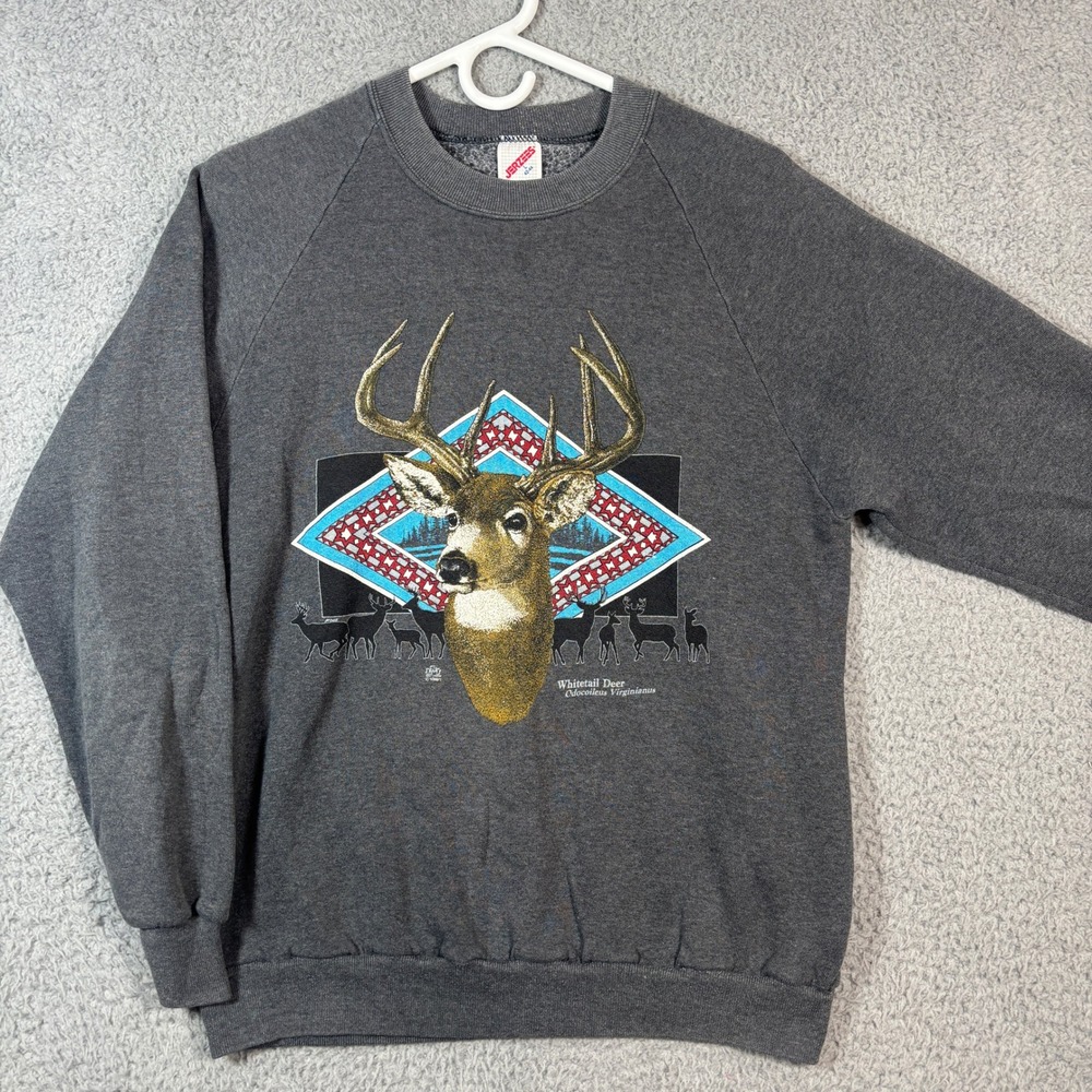 Jerzees Sweatshirt Mens L Gray Whitetail Deer Vintage 80s Raglan Crewneck USA